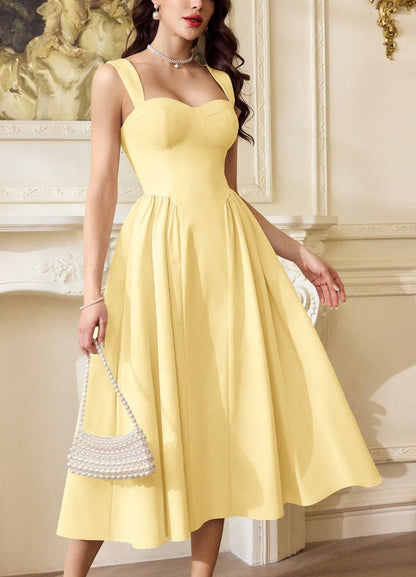 Vestido Retrô Midi Estruturado Decote Coração Saia Rodada amarelo casamento madrinha formatura