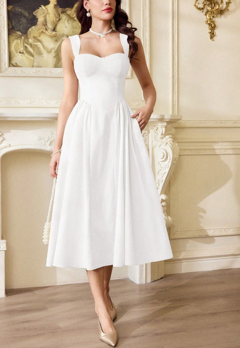 Vestido Retrô Midi Estruturado Decote Coração Saia Rodada branco casamento madrinha formatura