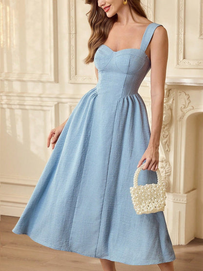 Vestido Retrô Midi Estruturado Decote Coração Saia Rodada azul serenity claro casamento madrinha formatura