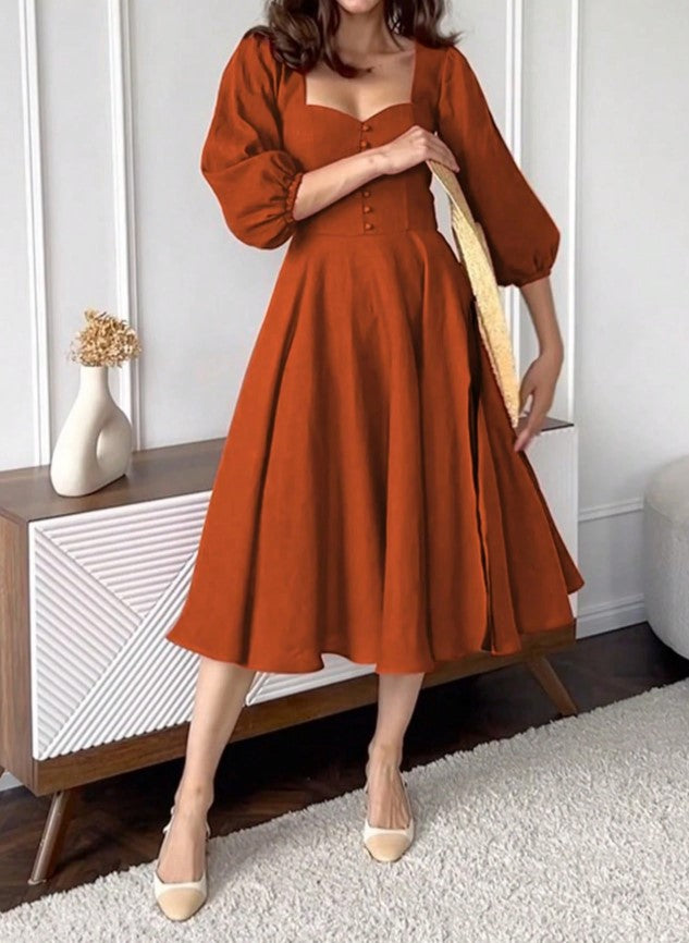 Vestido Retrô Midi Vintage Manga 3/4 rodado Princesa Decote Coração terracota
