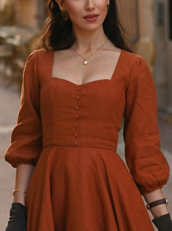Vestido Retrô Midi Vintage Manga 3/4 rodado Princesa Decote Coração terracota