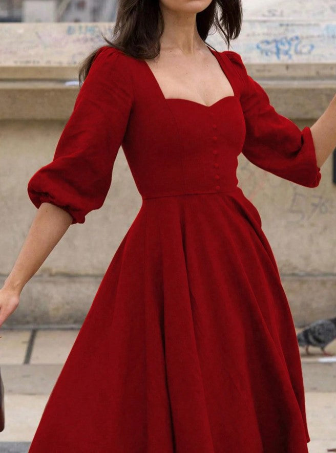 Vestido Retrô Midi Vintage Manga 3/4 rodado Princesa Decote Coração vermelho