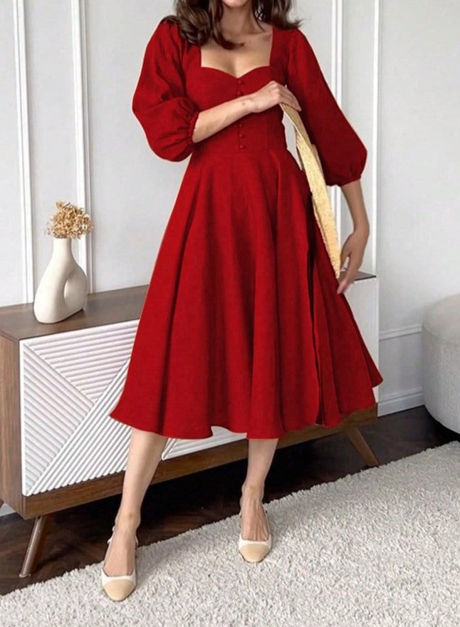 Vestido Retrô Midi Vintage Manga 3/4 rodado Princesa Decote Coração vermelho