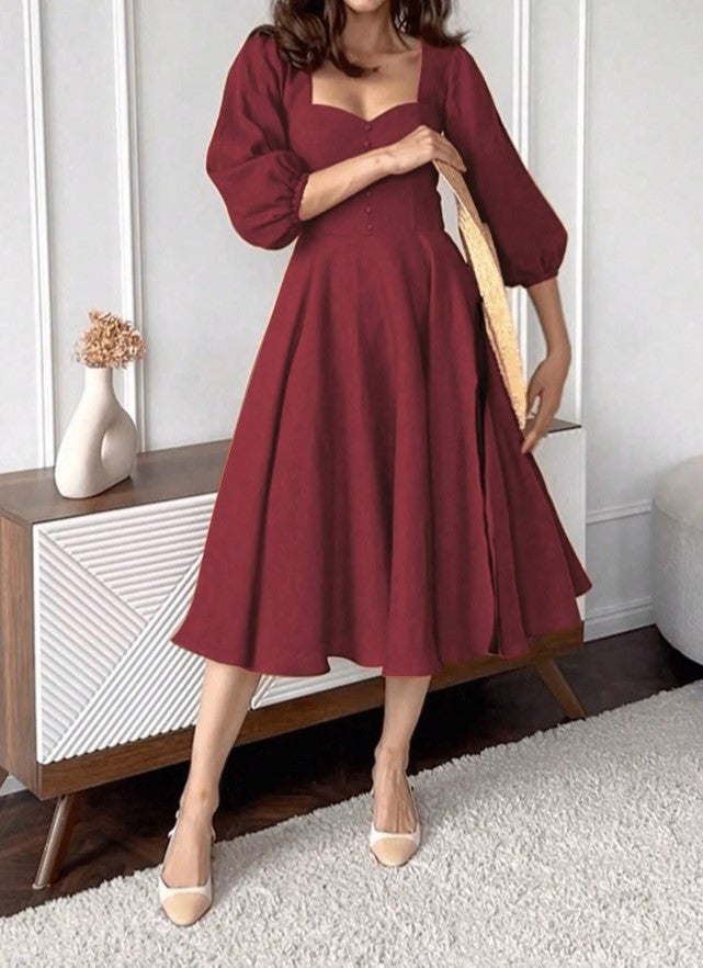 Vestido Retrô Midi Vintage Manga 3/4 rodado Princesa Decote Coração bordô VINHO 