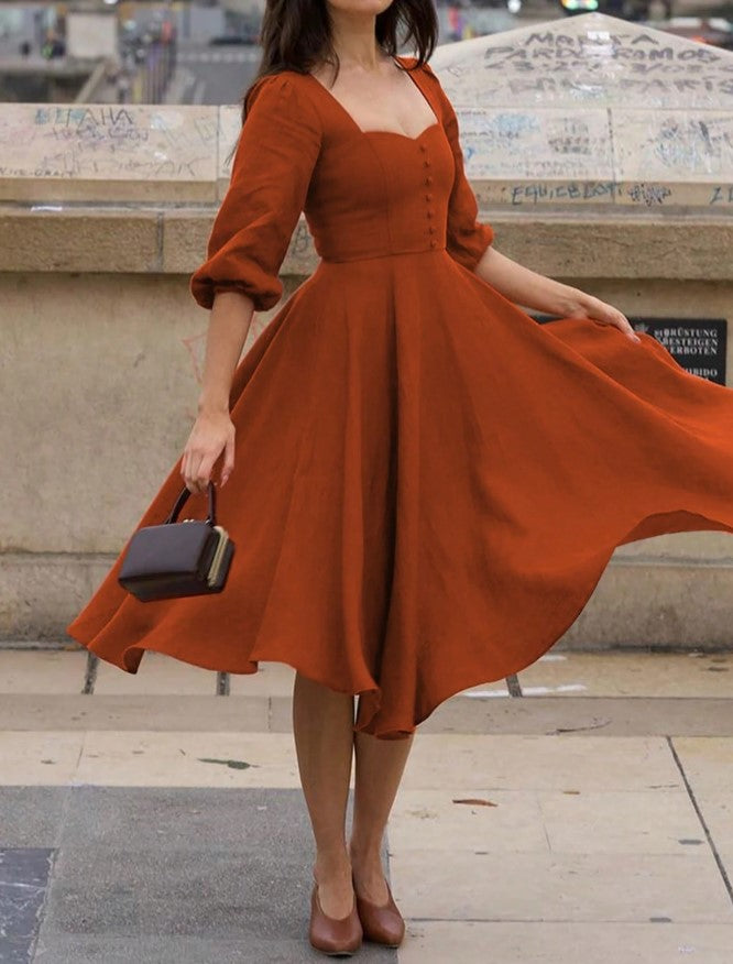 Vestido Retrô Midi Vintage Manga 3/4 rodado Princesa Decote Coração terracota