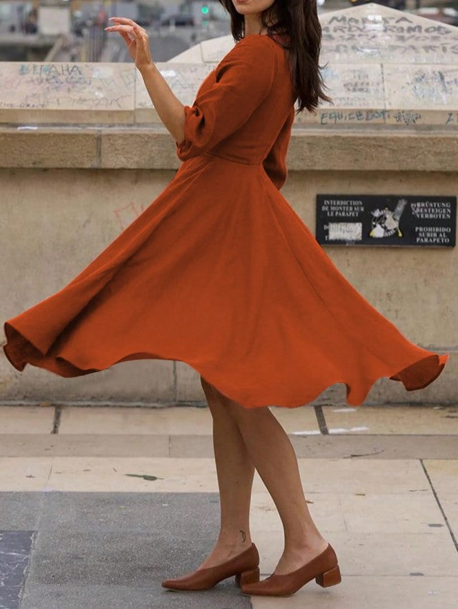 Vestido Retrô Midi Vintage Manga 3/4 rodado Princesa Decote Coração terracota