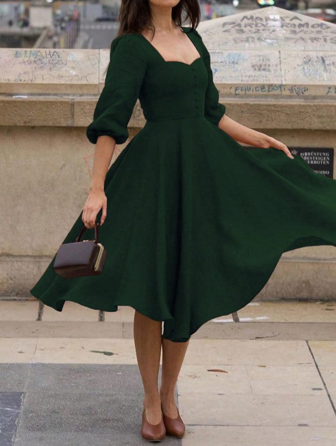 Vestido Retrô Midi Vintage Manga 3/4 rodado Princesa Decote Coração verde escuro