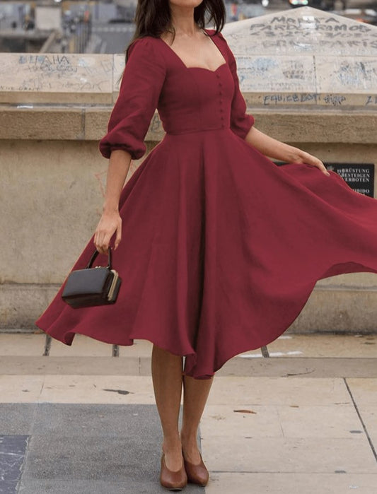 Vestido Retrô Midi Vintage Manga 3/4 rodado Princesa Decote Coração bordô VINHO 