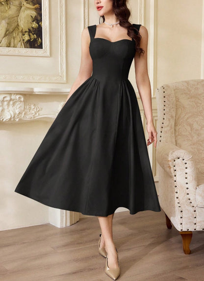 Vestido Retrô Midi Estruturado Decote Coração Saia Rodada preto festa formatura