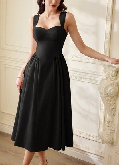 Vestido Retrô Midi Estruturado Decote Coração Saia Rodada preto festa formatura