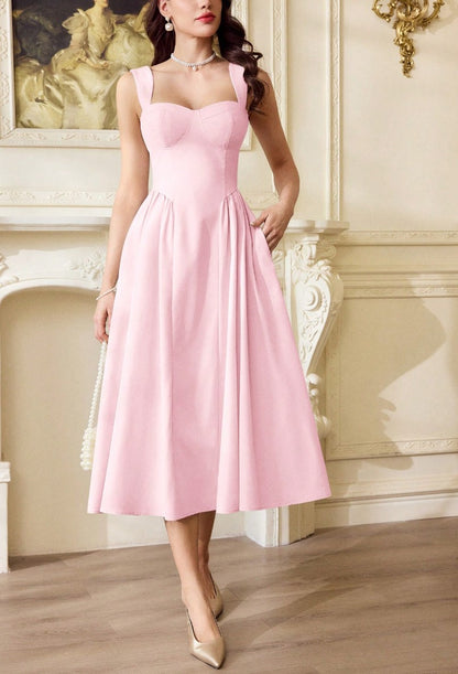 Vestido Retrô Midi Estruturado Decote Coração Saia Rodada rosa claro casamento madrinha formatura