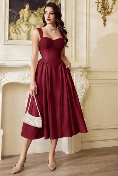 Vestido Retrô Midi Estruturado Decote Coração Saia Rodada vinho bordô casamento madrinha formatura