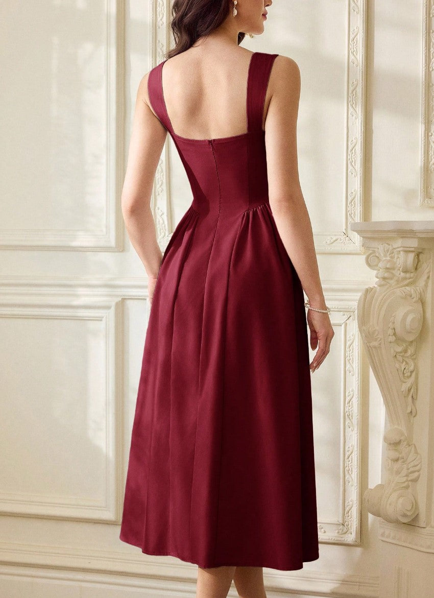 Vestido Retrô Midi Estruturado Decote Coração Saia Rodada vinho bordô casamento madrinha formatura