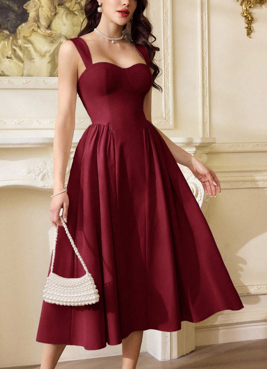 Vestido Retrô Midi Estruturado Decote Coração Saia Rodada vinho bordô casamento madrinha formatura