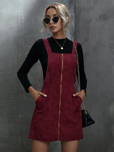 Vestido Salopete Veludo Cotelê Zíper VERMELHO VINHO LOOK INVERNO SOBREPOSIÇÃO