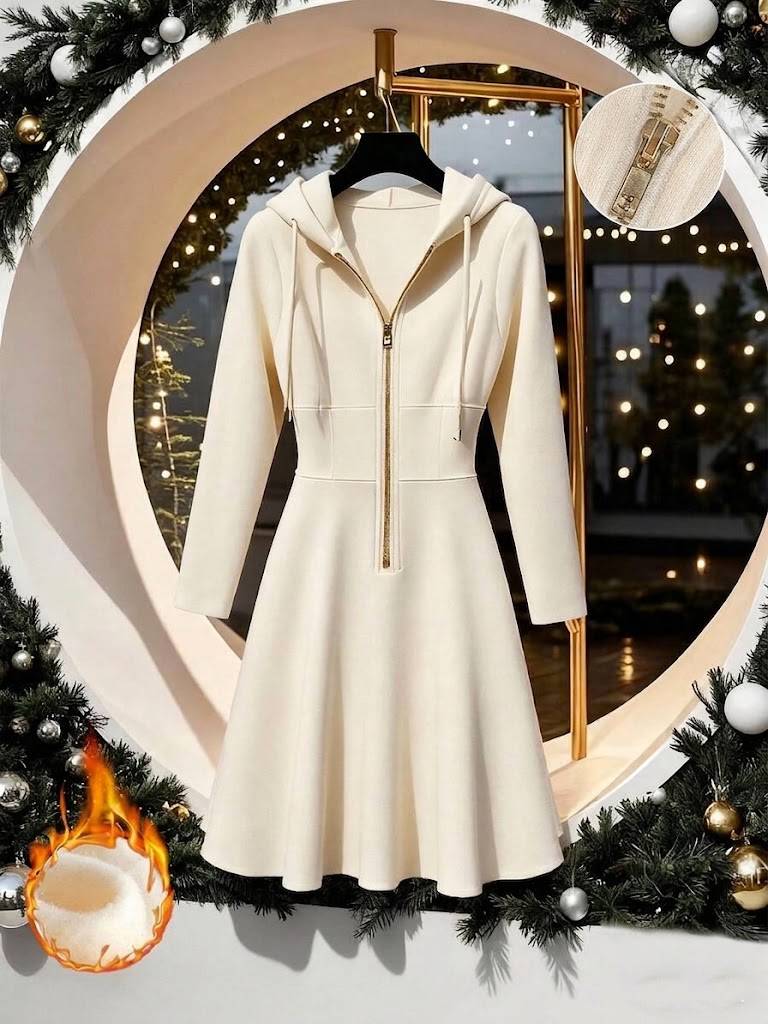 Vestido Midi de Moletom Térmico Capuz Zíper bege creme claro inverno neve
