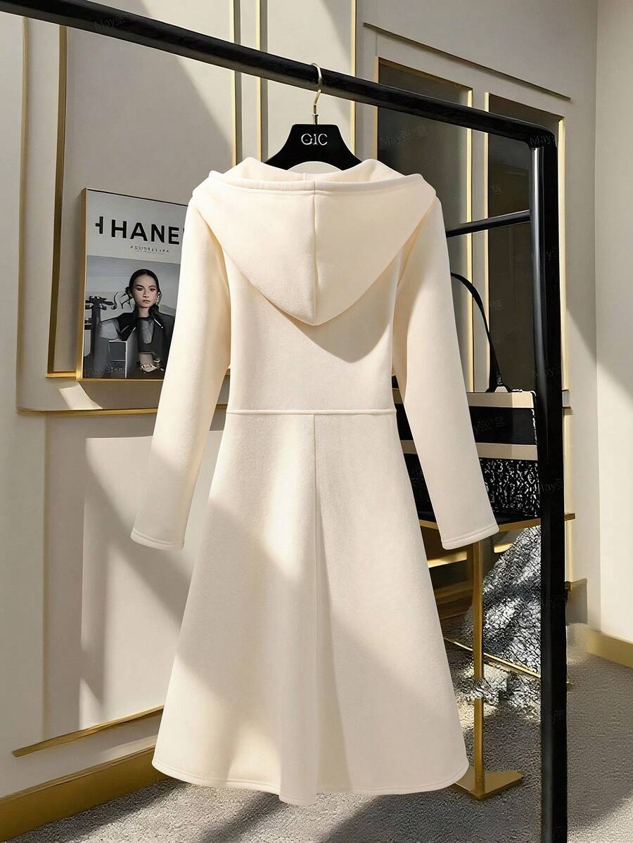 Vestido Midi de Moletom Térmico Capuz Zíper bege creme claro inverno neve