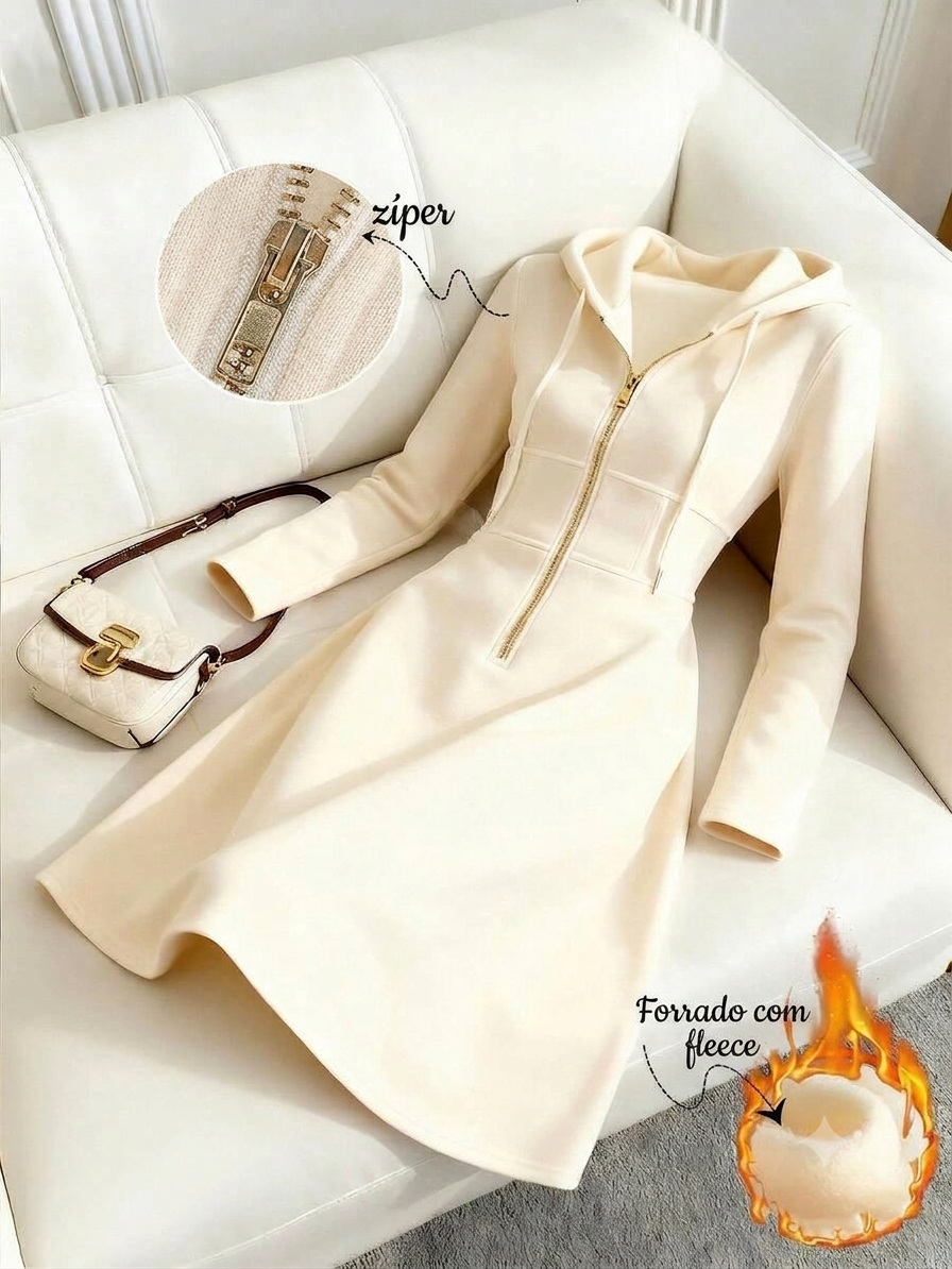 Vestido Midi de Moletom Térmico Capuz Zíper bege creme claro inverno neve
