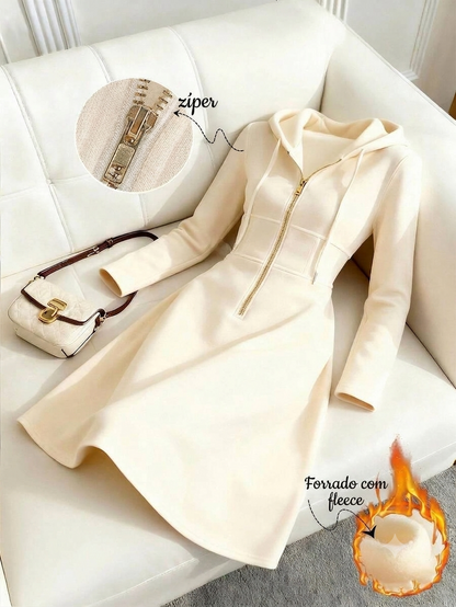 Vestido Midi de Moletom Térmico Capuz Zíper bege creme claro inverno neve
