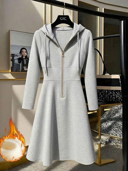 Vestido Midi de Moletom Térmico Capuz Zíper cinza claro inverno neve