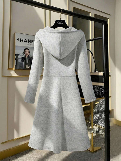 Vestido Midi de Moletom Térmico Capuz Zíper cinza claro inverno neve