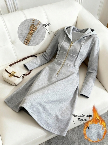 Vestido Midi de Moletom Térmico Capuz Zíper cinza claro inverno neve