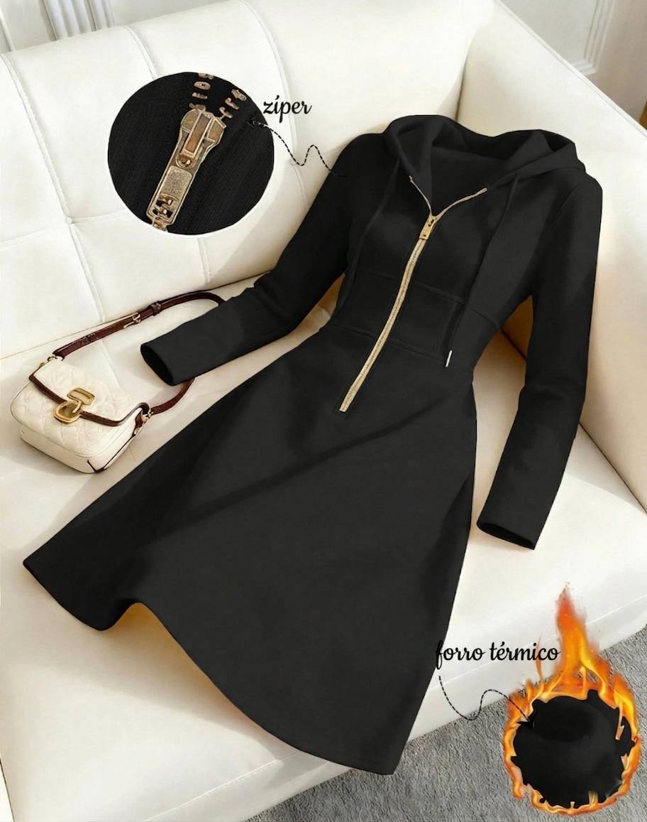 Vestido Midi de Moletom Térmico Capuz Zíper preto inverno neve