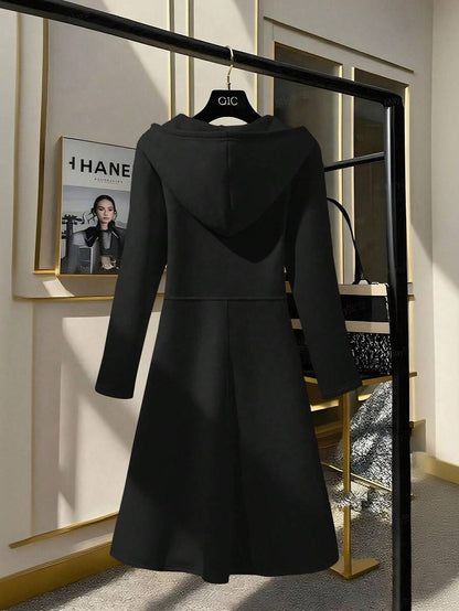 Vestido Midi de Moletom Térmico Capuz Zíper preto inverno neve