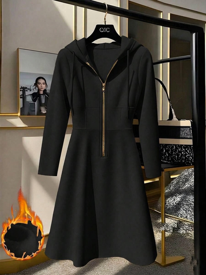 Vestido Midi de Moletom Térmico Capuz Zíper preto inverno neve