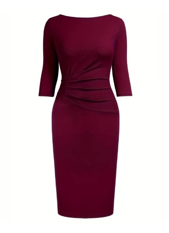 Vestido Tubinho office escritório Longuete Manga 3/4 no joelho vinho bordô