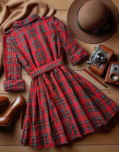 Vestido Xadrez chemise Curto de Manga  longa Flanela tartã inverno festa junina vermelho
