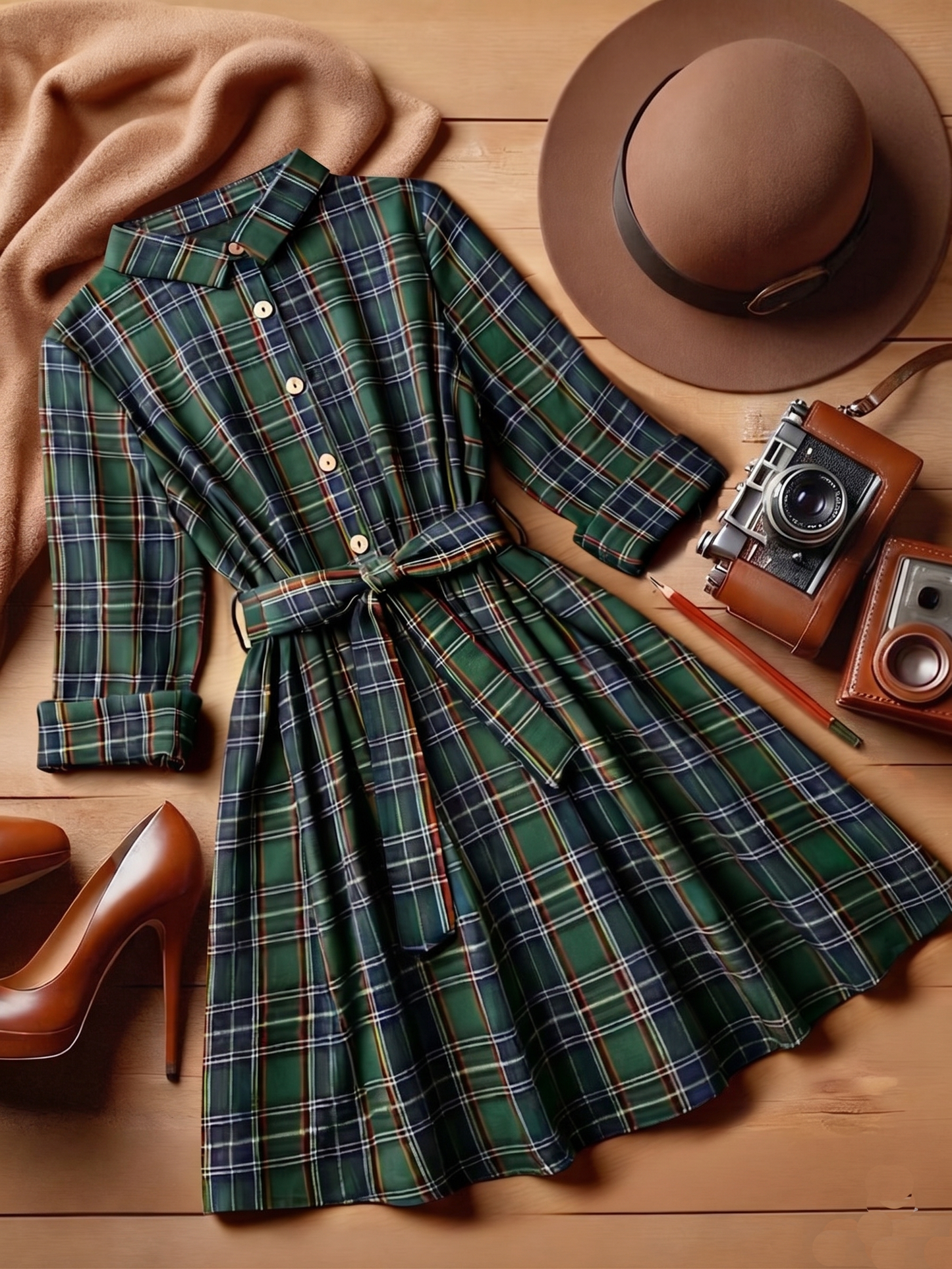 Vestido Xadrez chemise Curto de Manga  longa Flanela tartã inverno festa junina verde