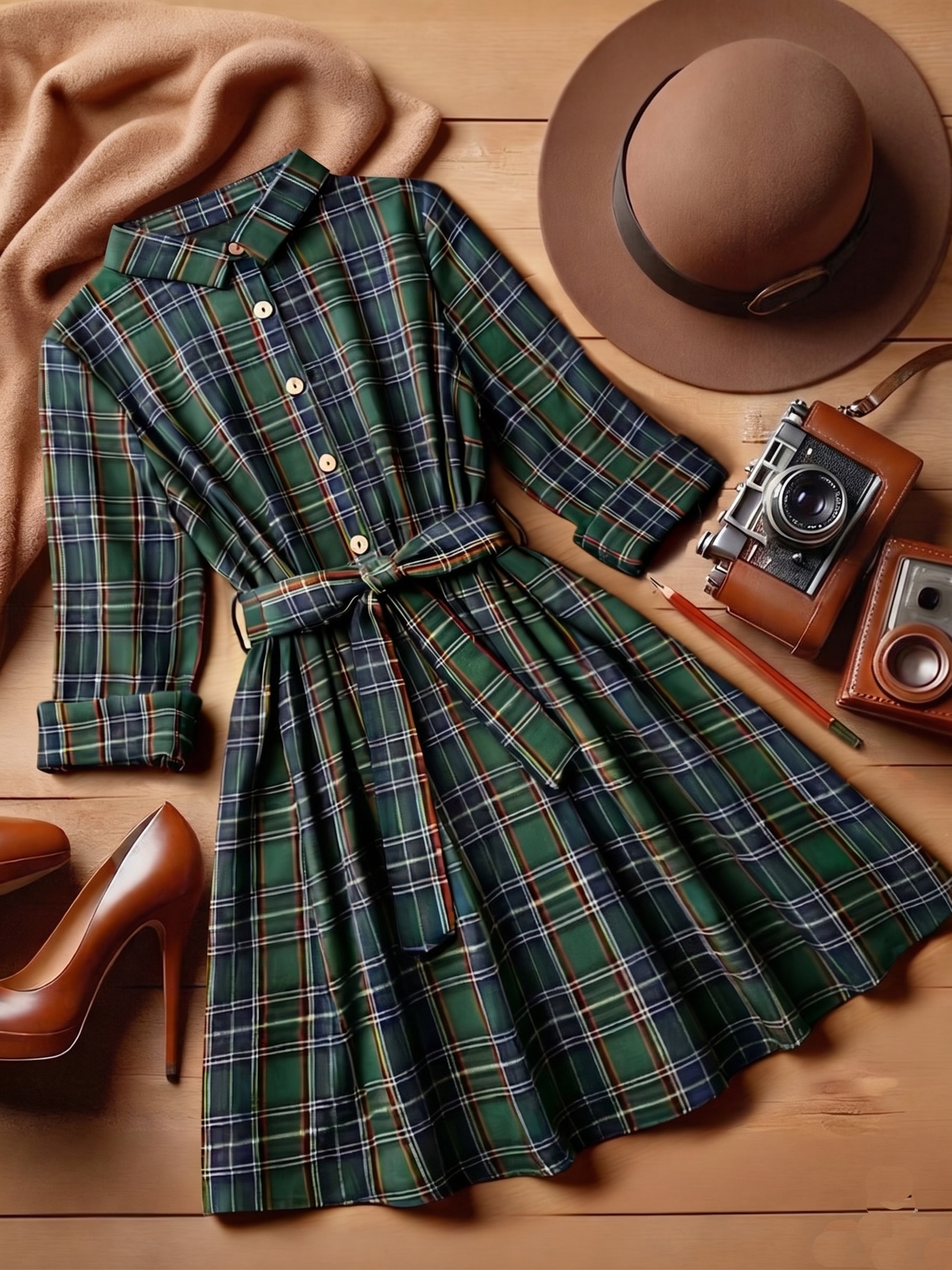 Vestido Xadrez chemise Curto de Manga  longa Flanela tartã inverno festa junina verde
