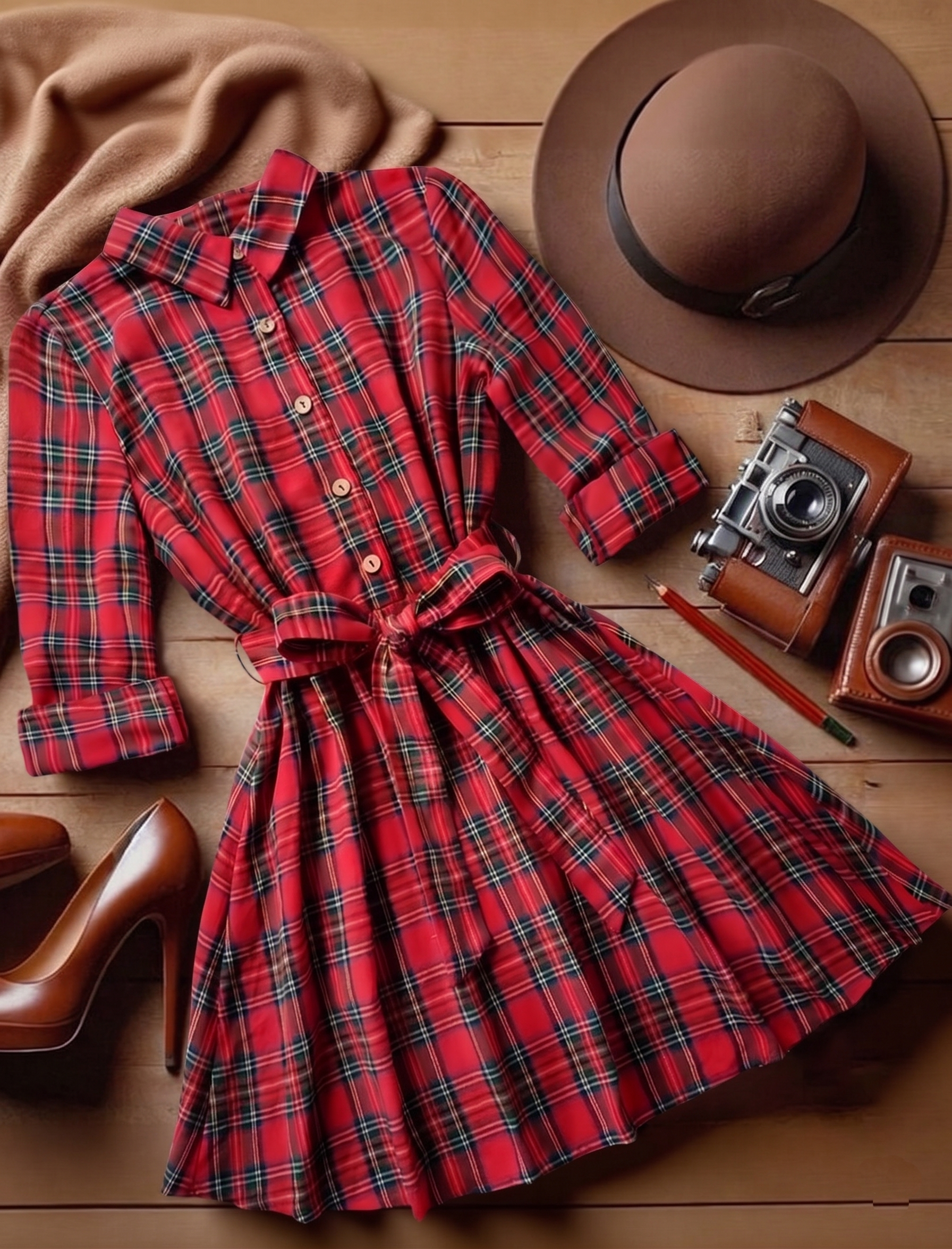 Vestido Xadrez chemise Curto de Manga  longa Flanela tartã inverno festa junina vermelho