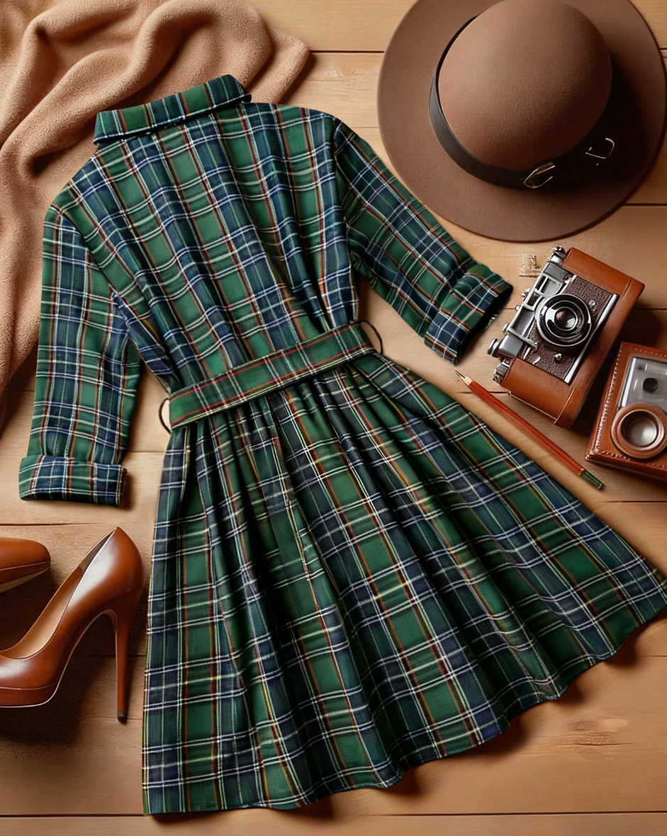 Vestido Xadrez chemise Curto de Manga  longa Flanela tartã inverno festa junina verde