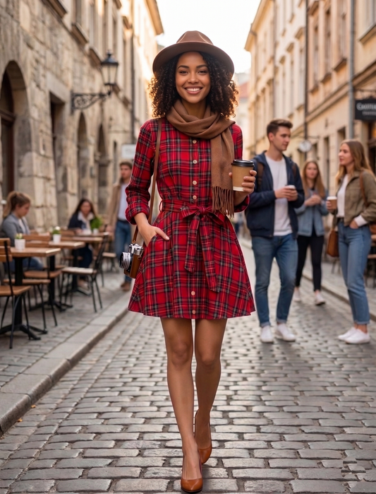 Vestido Xadrez chemise Curto de Manga  longa Flanela tartã inverno festa junina vermelho