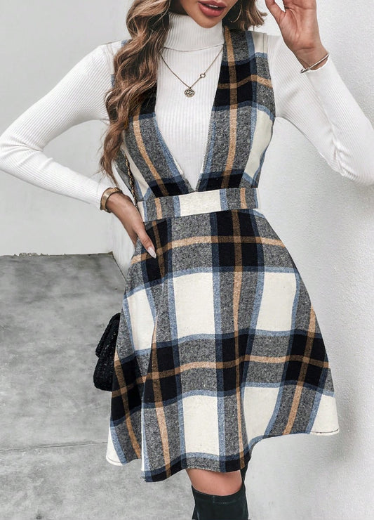 Vestido Salopete Xadrez Curto social elegante office inverno preto branco bege