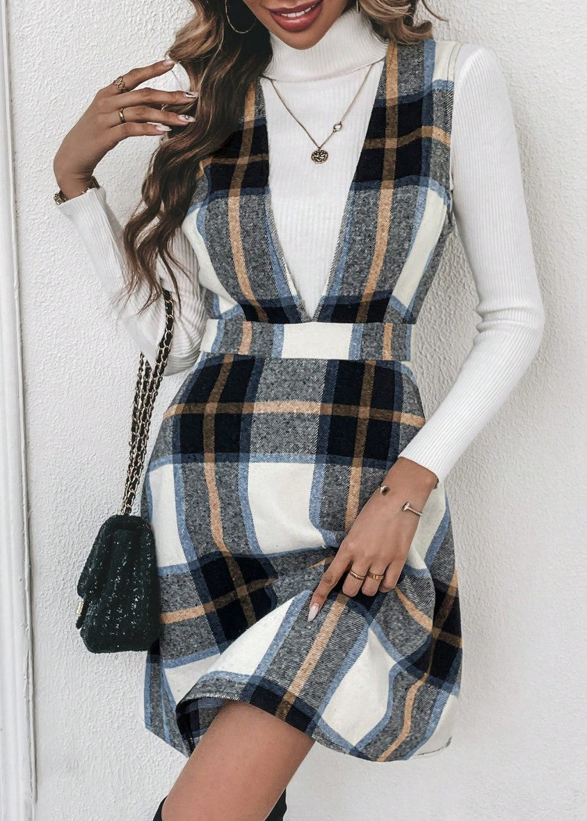 Vestido Salopete Xadrez Curto social elegante office inverno preto branco bege sobreposição