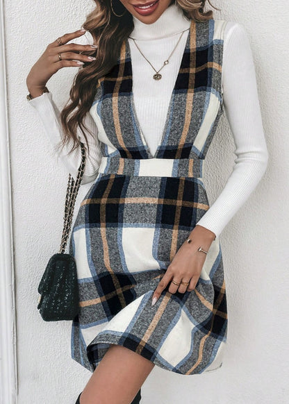 Vestido Salopete Xadrez Curto social elegante office inverno preto branco bege sobreposição