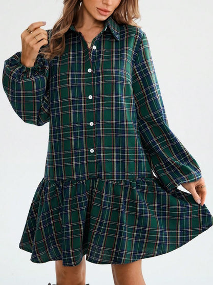 Vestido Xadrez Curto de Manga Flanela chemise verde
