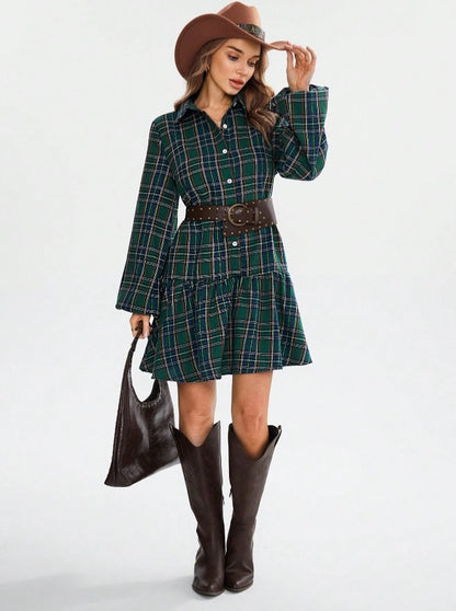 Vestido Xadrez Curto de Manga Flanela chemise verde