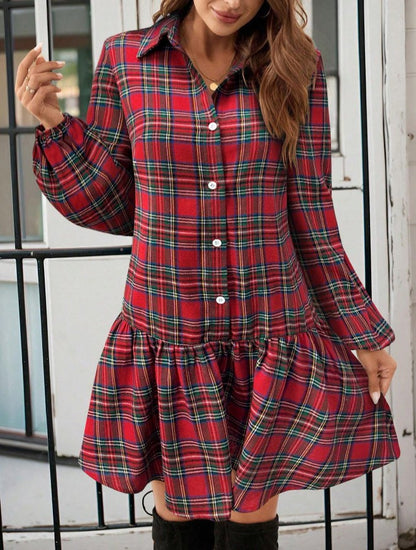 Vestido Xadrez Curto de Manga Flanela chemise vermelho