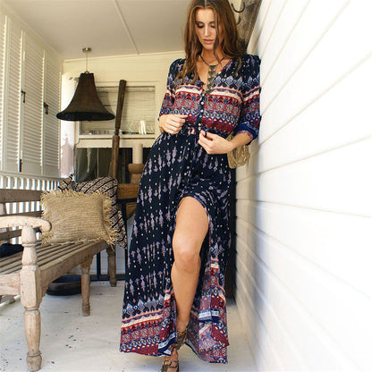Vestido Longo Western Boho Manga 3/4 viscose leve azul marinho étnico hippy midi chemise