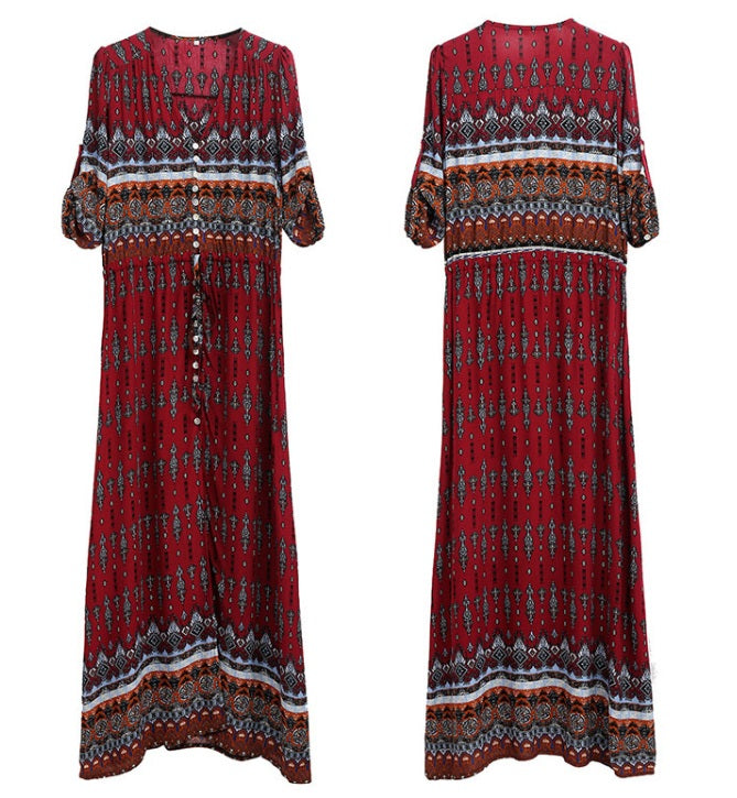 Vestido Longo Western Boho Manga 3/4 viscose leve vermelho vinho étnico hippy midi chemise