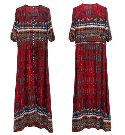 Vestido Longo Western Boho Manga 3/4 viscose leve vermelho vinho étnico hippy midi chemise