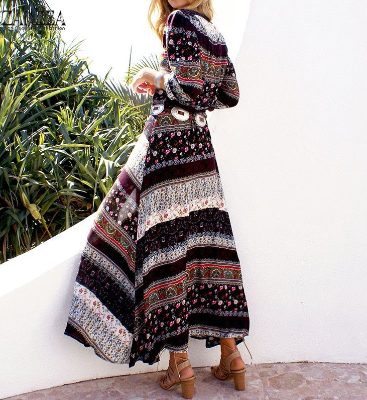 Vestido Longo Boho Western Estampado de Manga