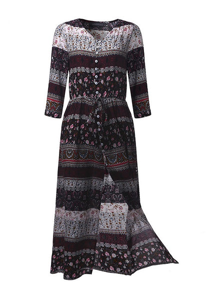 Vestido Longo Boho Western Estampado de Manga