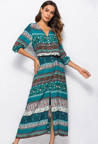 Vestido Longo Western Boho Manga 3/4 viscose leve verde étnico hippy midi chemise