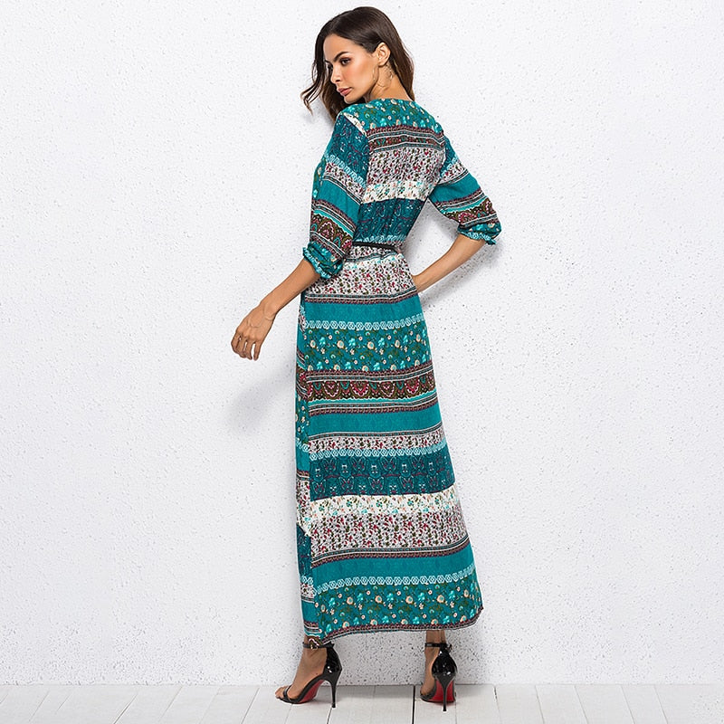 Vestido Longo Western Boho Manga 3/4 viscose leve verde étnico hippy midi chemise