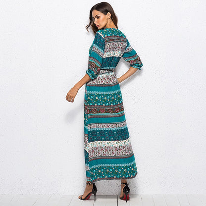 Vestido Longo Western Boho Manga 3/4 viscose leve verde étnico hippy midi chemise